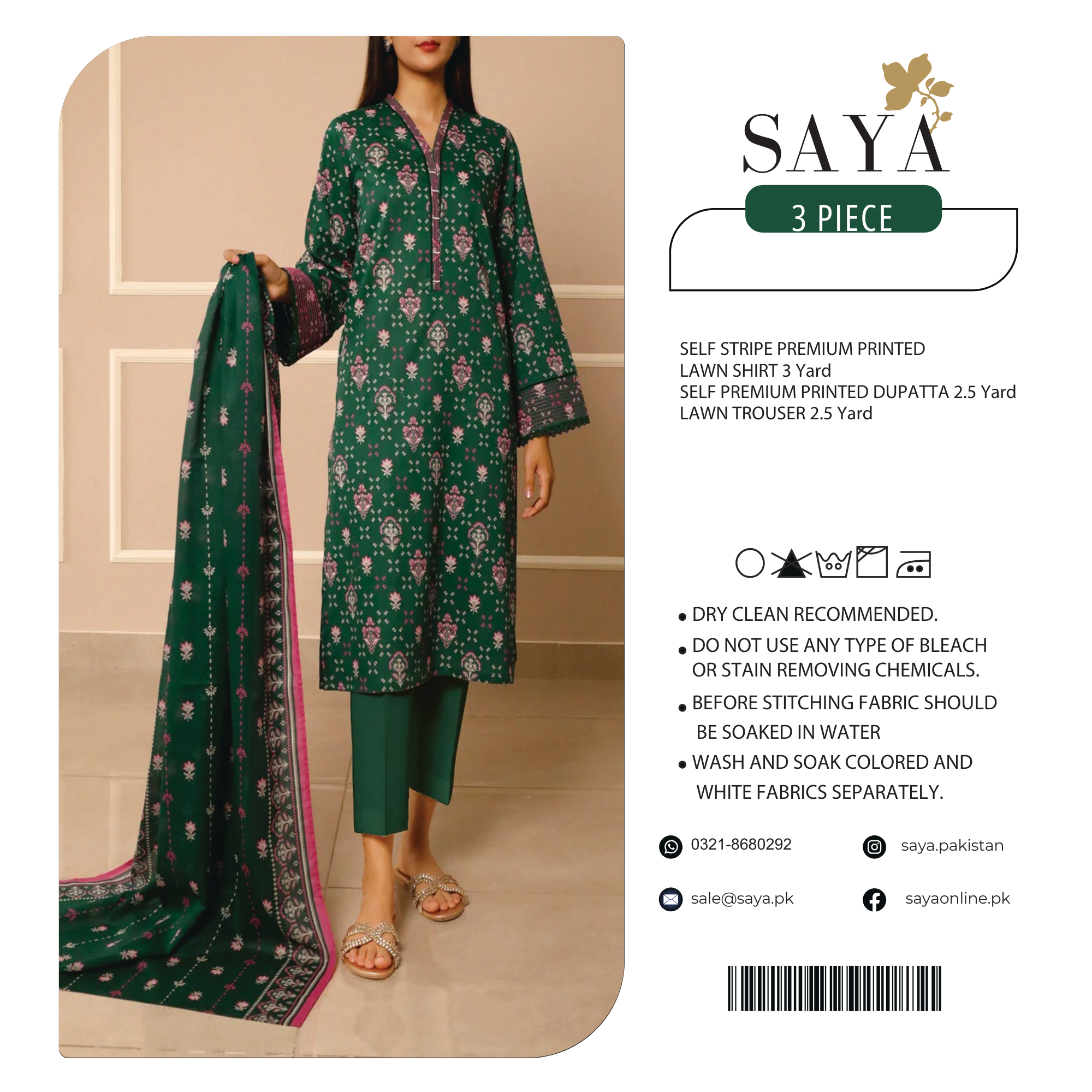 Saya Self Stripe Premium Print Lawn 3PC | U01-25557-09A