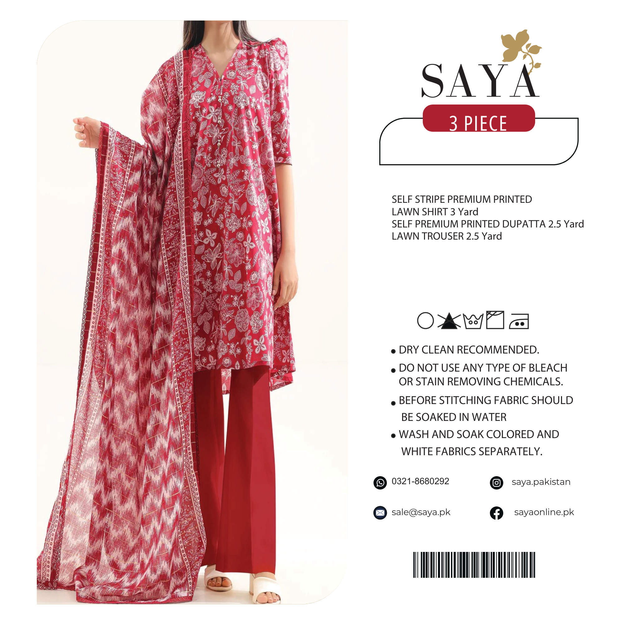 Saya Self Stripe Premium Print Lawn 3PC | U01-255158-09A