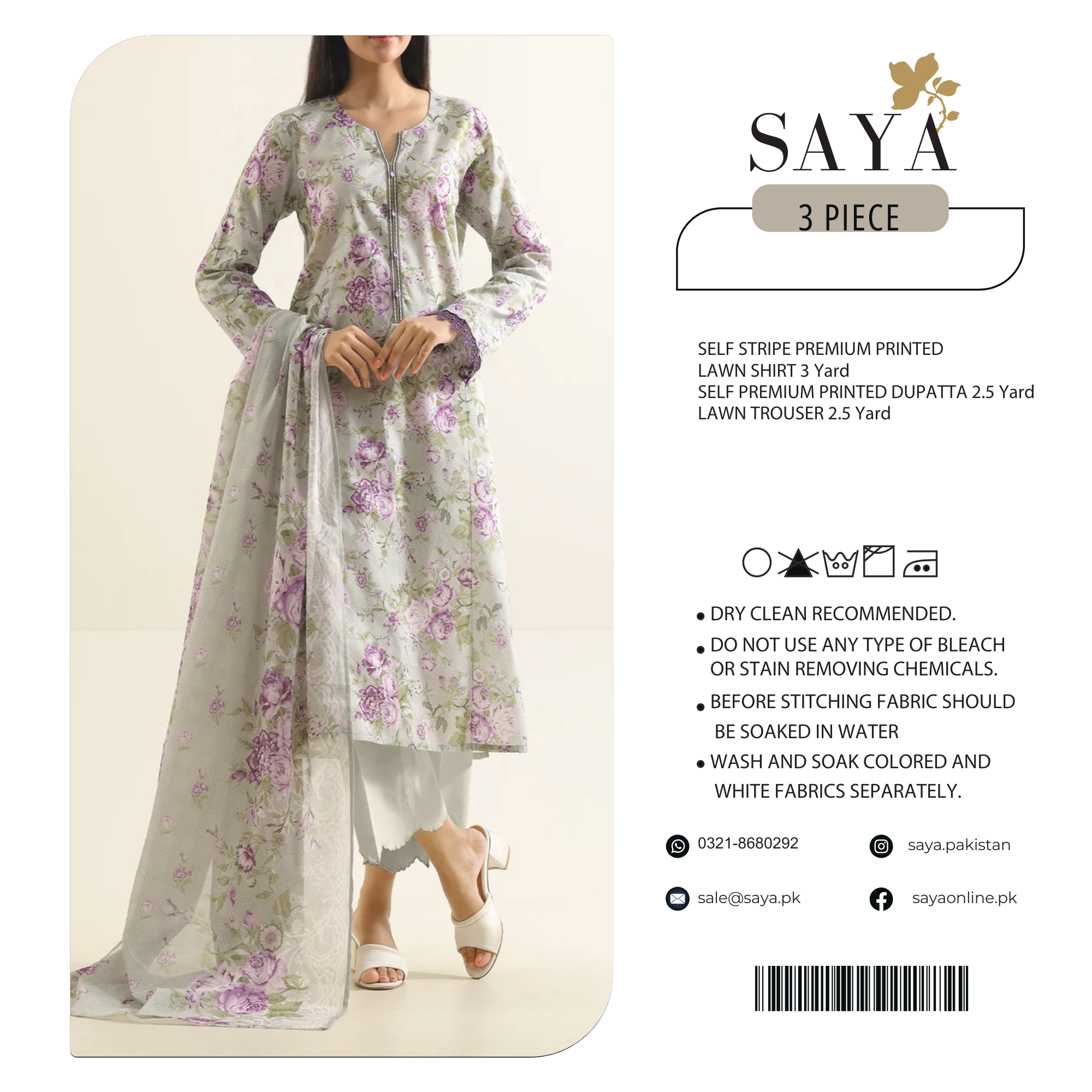 Saya Self Stripe Premium Print Lawn 3PC | U01-253996-34A