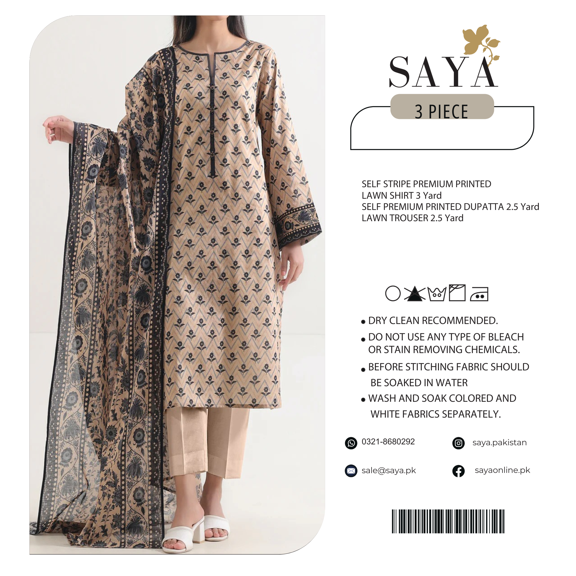 Saya Self Stripe Premium Print Lawn 3PC | U01-25396-10A