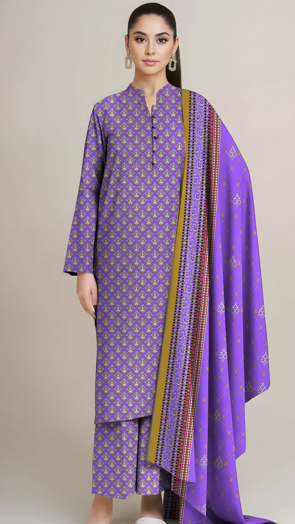 Woman wearing a purple digital printed linen outfit with a Kayseria label on a gray background.