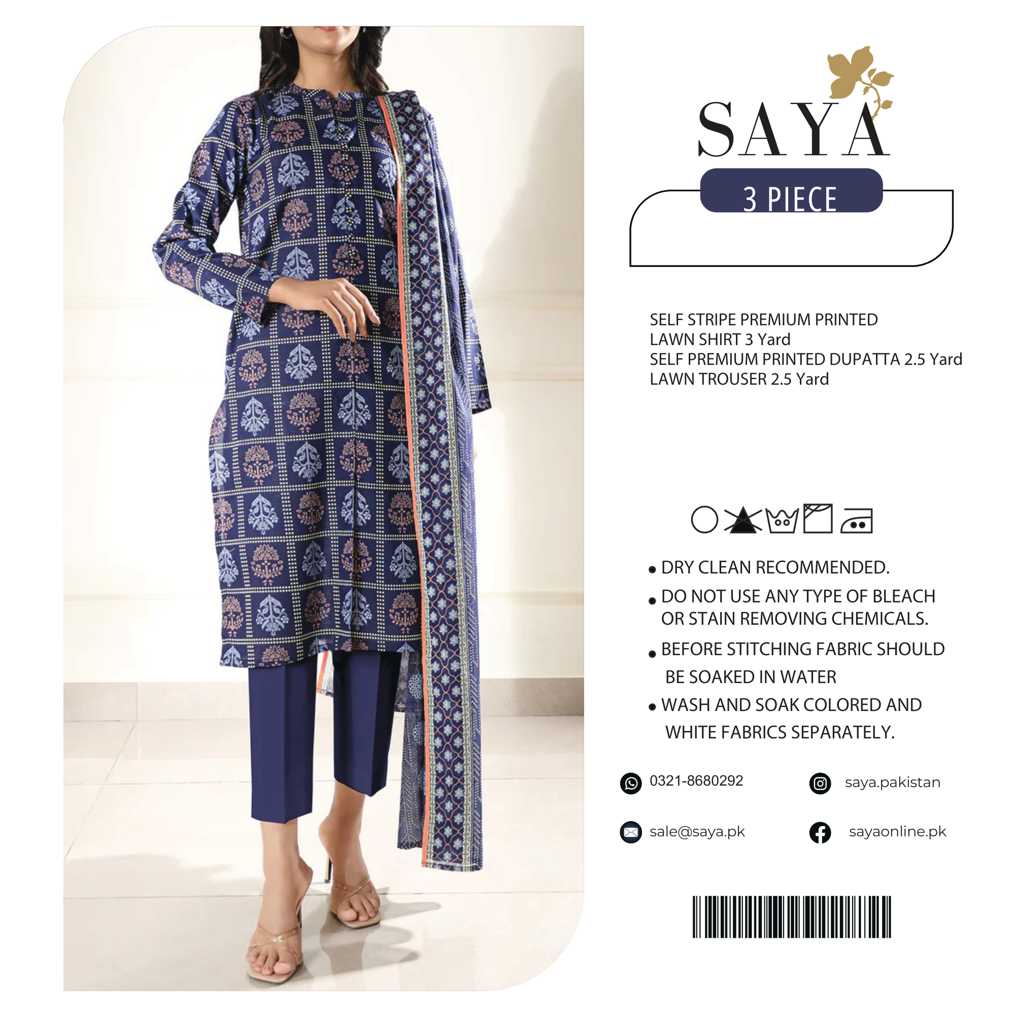 Saya Self Stripe Premium Print Lawn 3PC | U01-25063-02B
