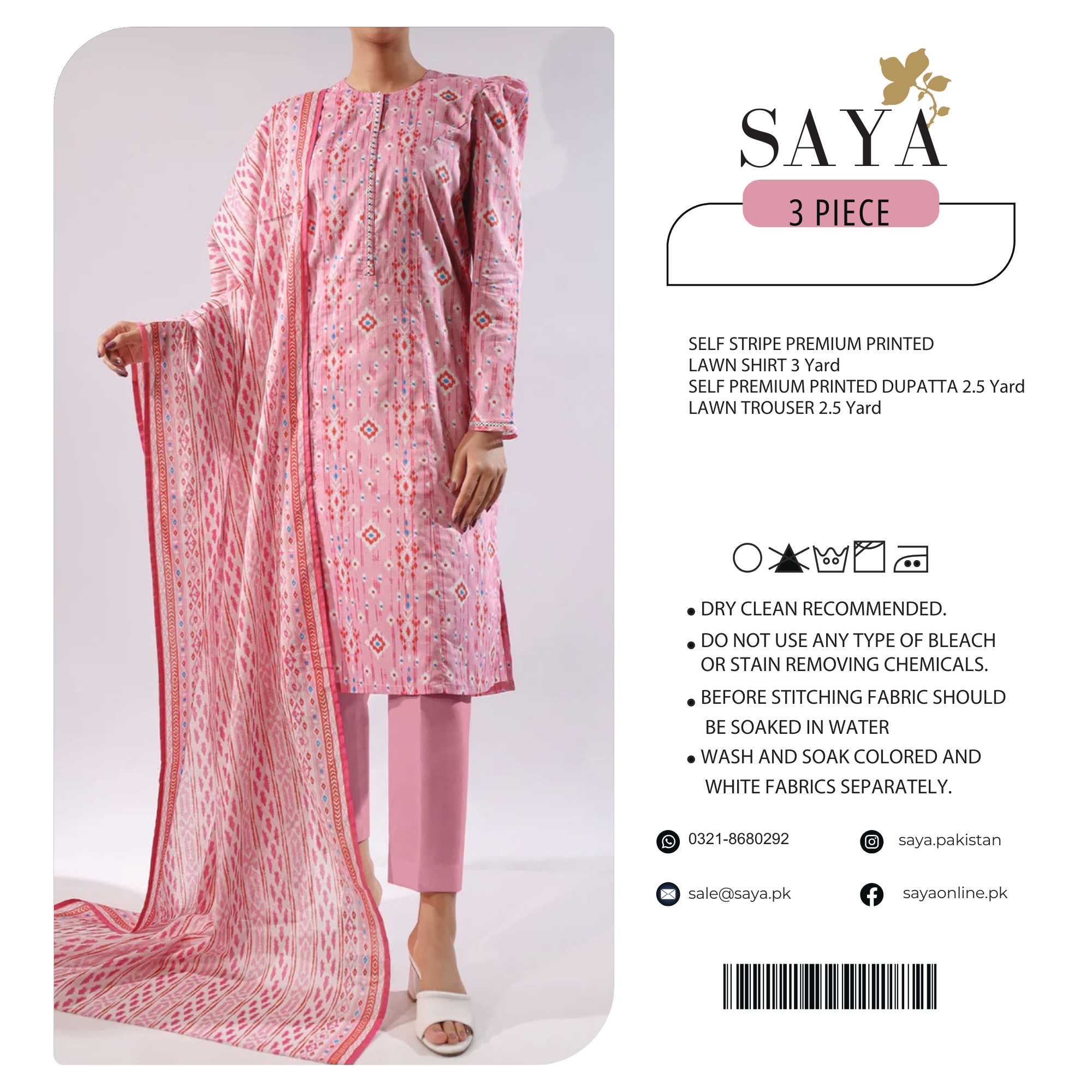 Saya Self Stripe Premium Print Lawn 3PC | U01-25063-10B