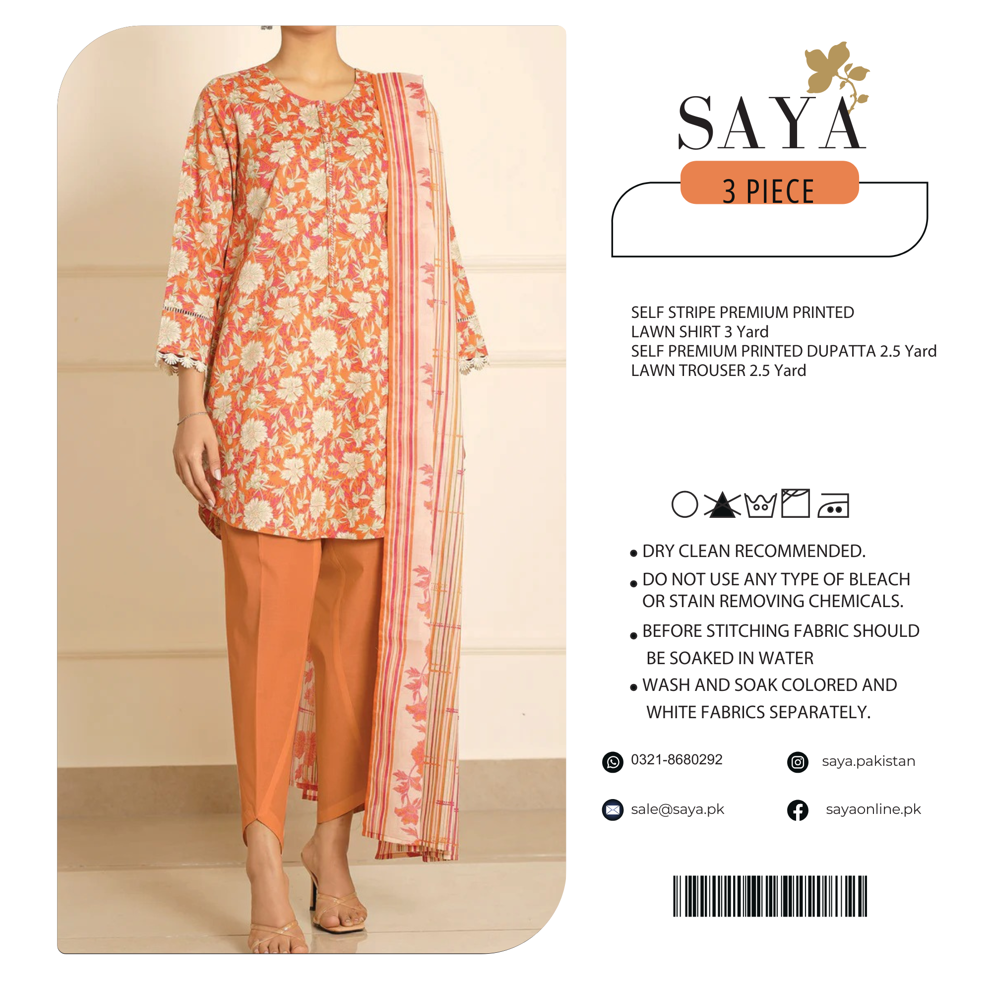 Saya Self Stripe Premium Print Lawn 3PC | U01-25398-04B