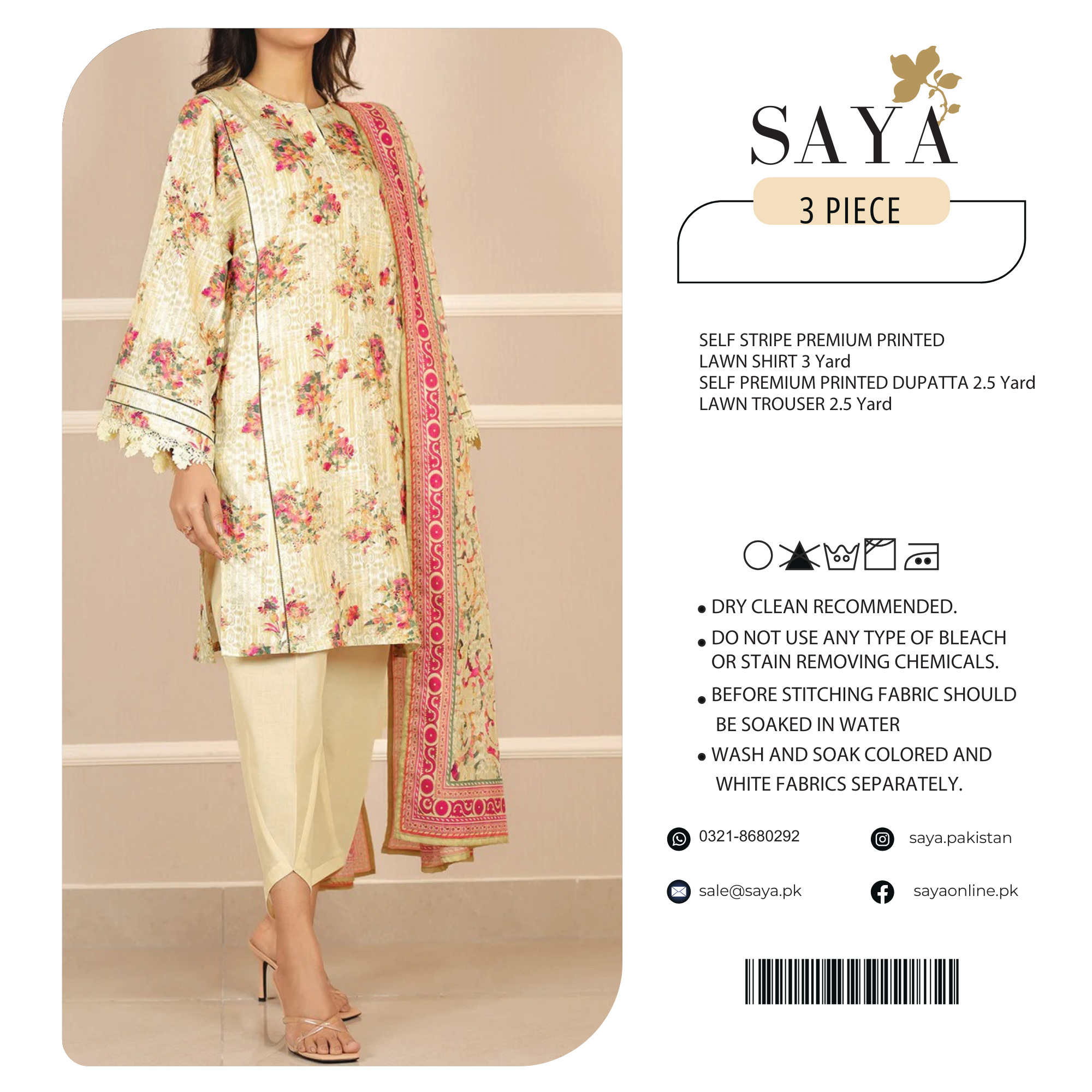 Saya Self Stripe Premium Print Lawn 3PC | U01-25446-05A